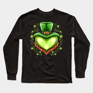 Green Heart With Hat, Beard Shamrocks On St Patricks Day Long Sleeve T-Shirt